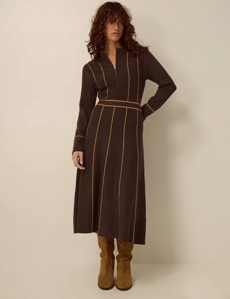 Monsoon Knitted Zip Up Midi Sweater Dress Chocolate