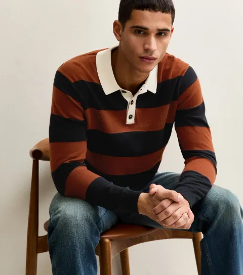 Men's Orange Relaxed Striped Knit Polo Top