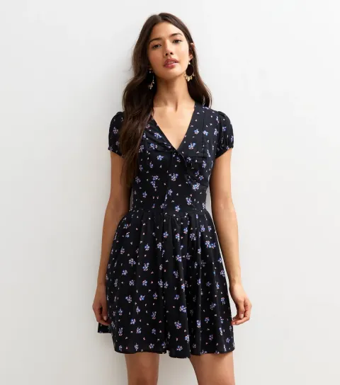 Women's Black Floral Print Tie V-Neck Mini Dress