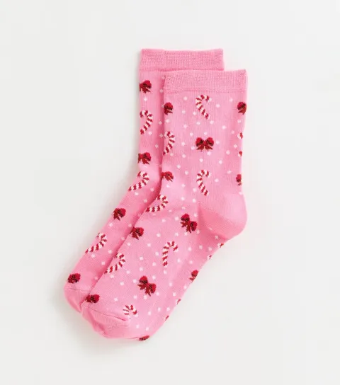 New Look Pink Christmas Candy Cane Bow Pattern Socks