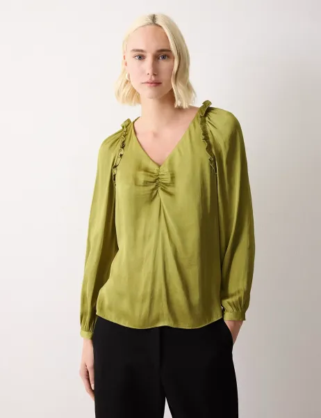 Jigsaw Satin V-Neck Relaxed Blouse Green