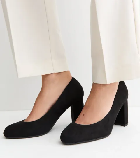 Women's Wide Fit Black Faux Suede Round Toe Block heel Court Shoes