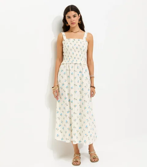 Women's Cream Cotton Floral Print Shirred Tie Strap Midi Dress