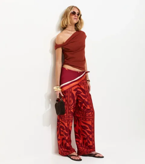 Women's Red Palm Print Drawstring Wide Leg Trousers