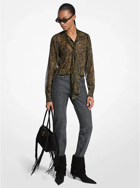 Metallic Paisley Print Tie-Front Georgette Blouse