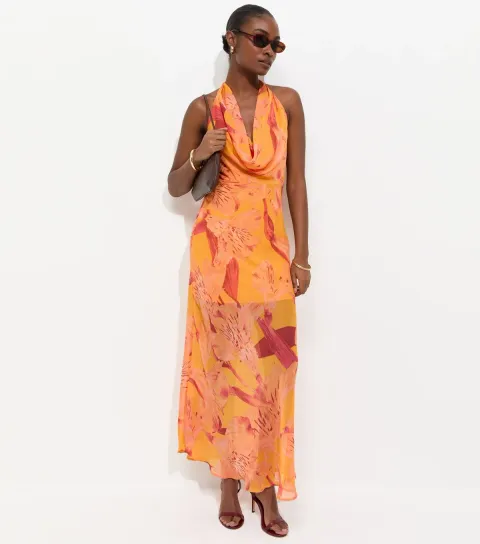 Women's Bright Orange Floral Halter Maxi Dress
