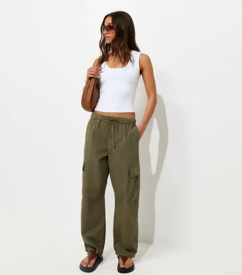 Women's Dark Khaki Barrel Leg Cargo Trousers