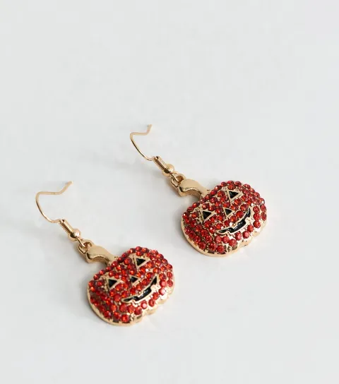 Orange Halloween Gem Embellished Pumpkin Drop Earrings