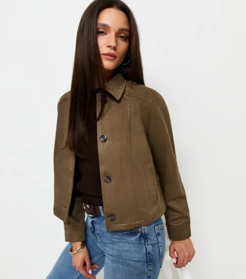 New Look Women's Dark Khaki Faux Suede Shacket