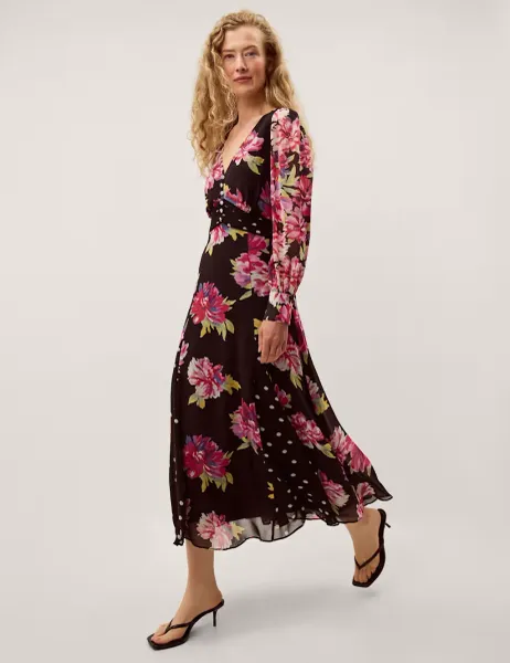 Monsoon Floral V-Neck Maxi Tea Dress Black Mix