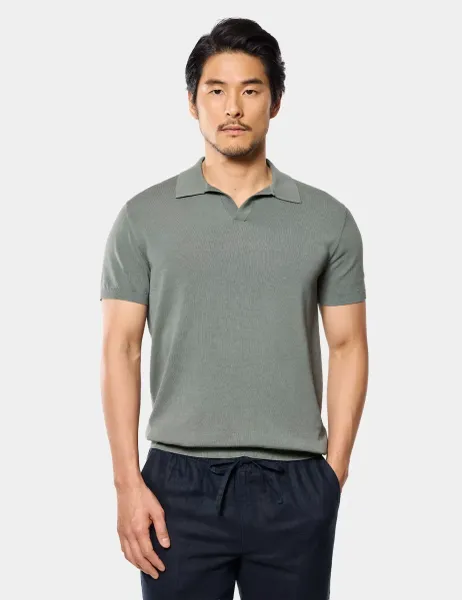 Hawes & Curtis Pure Cotton Open Collar Knitted Polo Shirt Green