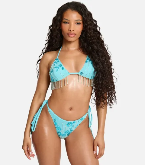 Women's Light Blue Beaded Side Tie Bikini Bottoms