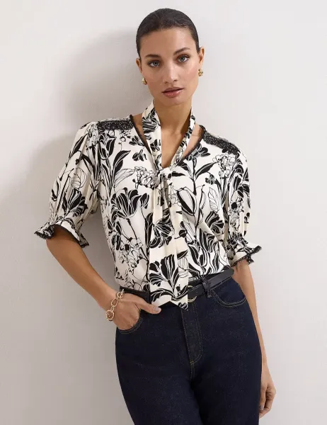Phase Eight Floral Tie Neck Puff Sleeve Blouse Black Mix