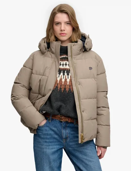 Water Resistant Hooded Relaxed Puffer Jacket Brown