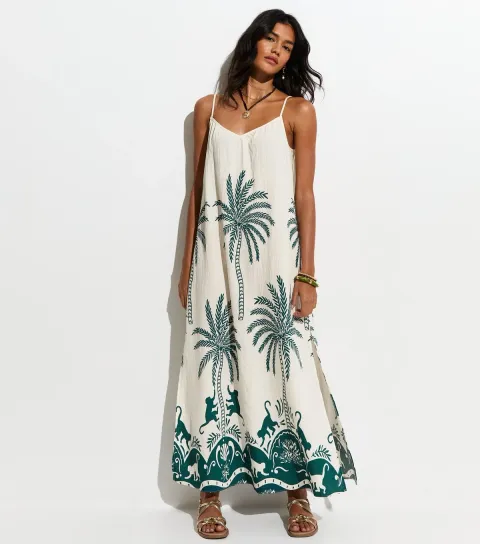 Women's Green Woven Palm Pattern Beach Maxi Dress