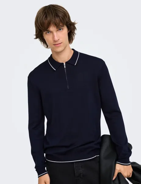 Only & Sons Tipped Half Zip Jumper Dark Blue