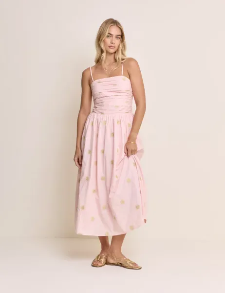 Nobody's Child X Elizabeth Scarlett Pure Cotton Embroidered Midi Waisted Dress Pink
