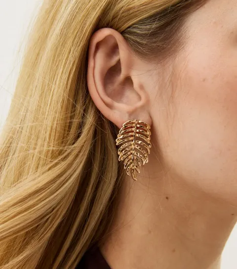 Gold Tone Textured Feather Stud Earrings