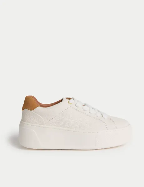 Marks & Spencer Leather Lace Up Platform Trainers with Freshfeet White