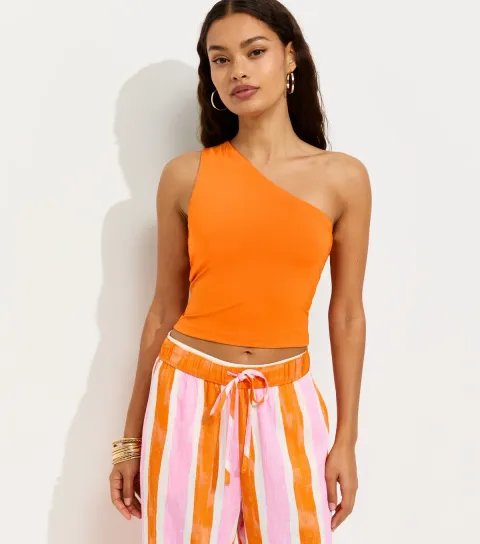 Women's Petite Bright Orange Slinky Jersey One Shoulder Top
