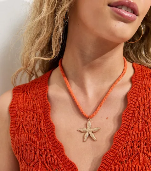 Bright Orange Rope Starfish Pendant Necklace
