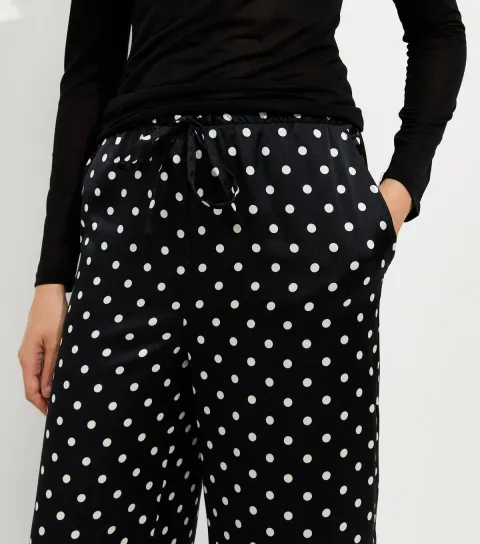 Women's Black Polka Dot Satin Wide Leg Trousers