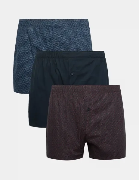 Marks & Spencer 3pk Pure Cotton Geometric Woven Boxers Navy Mix