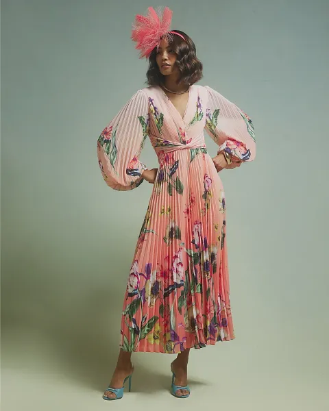 River Island Premium Plisse Floral Midi Dress