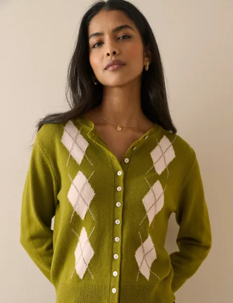 Nobody's Child Cotton With Wool Argyle Crew Neck Cardigan Green