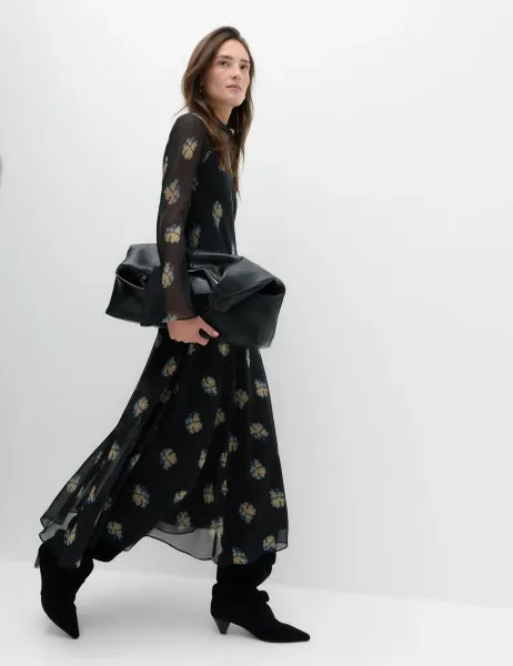 Marks & Spencer Chiffon Floral High Neck Midaxi Column Dress Black Mix