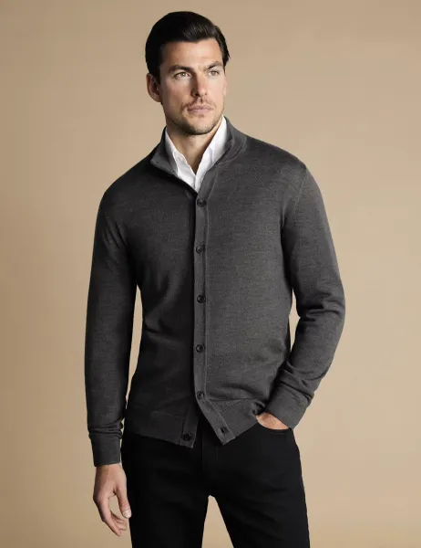 Charles Tyrwhitt Pure Wool Funnel Neck Cardigan Grey