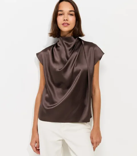 Women's Dark Burgundy Satin Cowl Neck Sleeveless Top