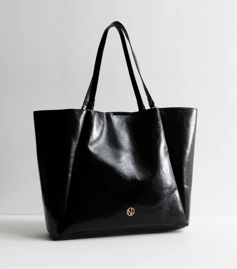 New Look Black Leather-Look Folded Seam Tote Bag Vegan