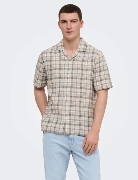 Only & Sons Onscaiden Life Linen Blend Checked Shirt Brown