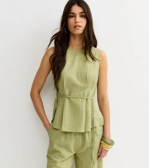 Women's Green Pinstripe Longline Belt Tunic Top