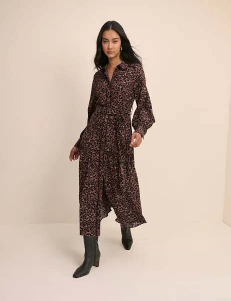 Nobody's Child Animal Print Tie Waist Midaxi Shirt Dress Brown