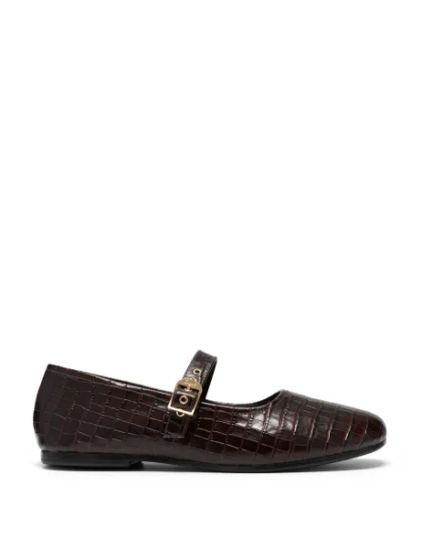 Clarks Livia Jane Leather Croc Mary Jane Ballet Pumps Dark Brown