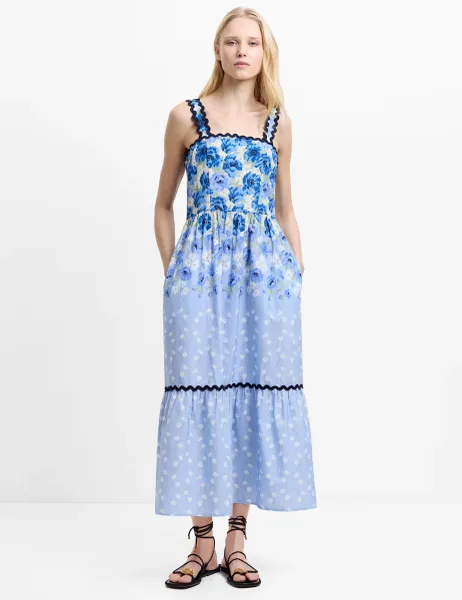 French Connection Pure Cotton Floral Square Neck Midaxi Dress Blue Mix