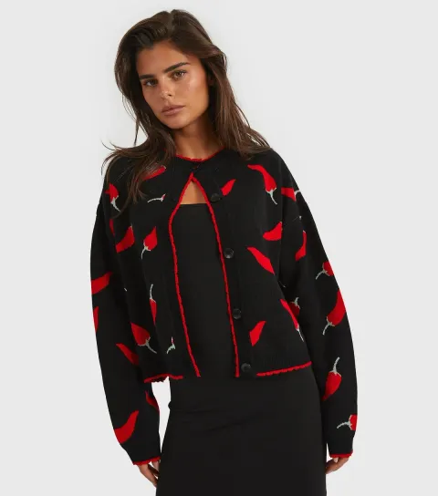Women's Black and Red Chilli Patterned Cardigan