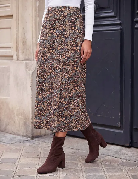 Roman Floral Print Knee Length Skirt Khaki Mix
