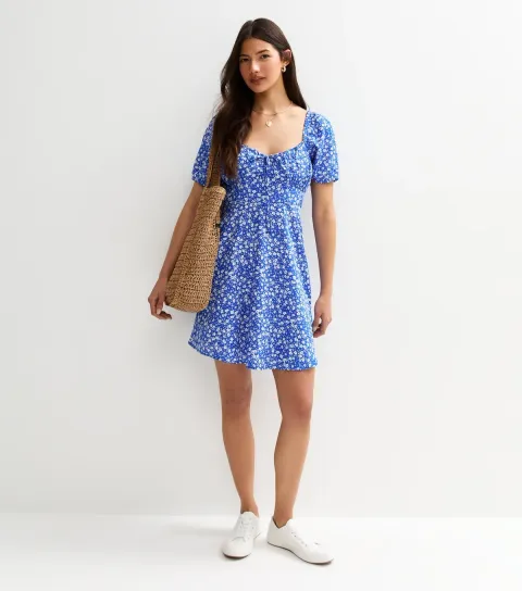Women's Blue Floral Print Mini Dress