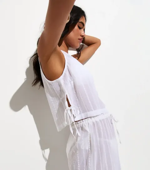 Women's White Striped Tie Side Beach Sleeveless Top