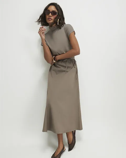 River Island Short Sleeve Tie Waist Midi Dress