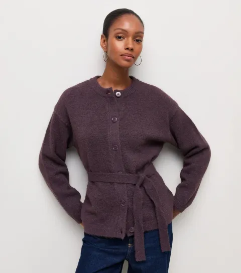 Women's Dark Purple Knitted Belted Cardigan