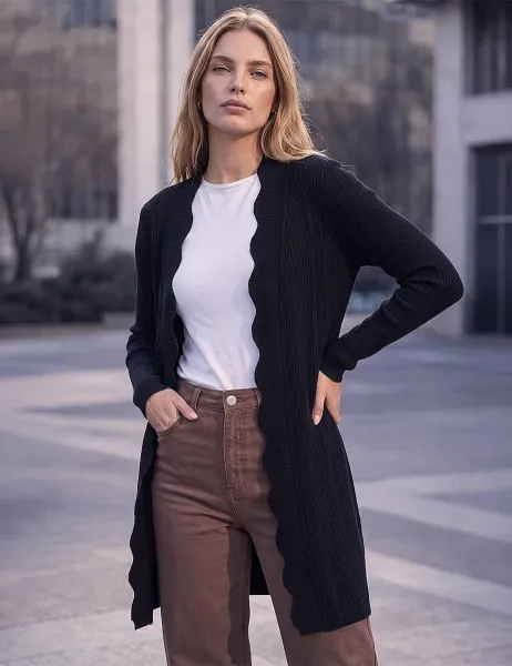 Rib Scallop Cardigan Black