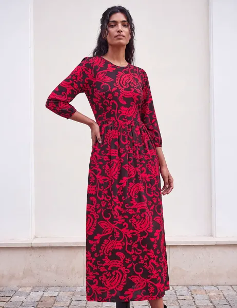 Roman Paisley Round Neck Midi Dress Red