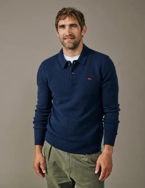 Wool Rich Long Sleeve Polo Shirt Navy