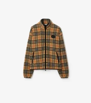 Check Wool Cashmere Blend Fleece in Sand beige
