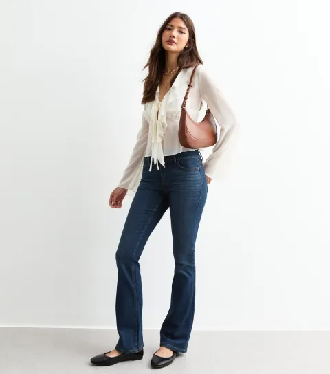 Women's Navy Double Waistband Flared Jeans