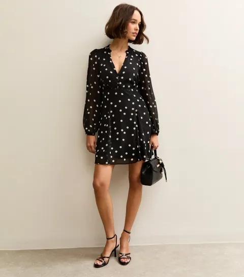 Women's Black Polka Dot Long Sleeve Mini Dress